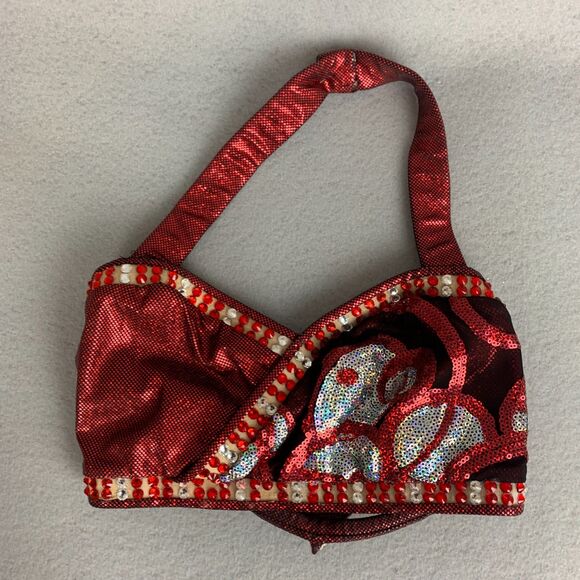 Mara Dancewear Child Large Red Sequin 3pc Dance Costume Set Skirt Bra Gloves - Picture 2 of 7